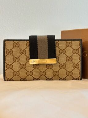 Authentic Gucci Canvas Wallet with Black and Gold Stripe (Like New!)